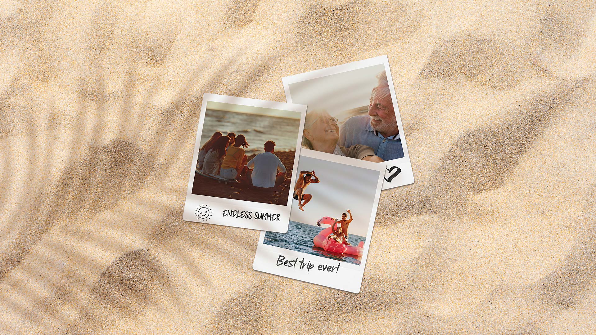 Three polaroid pictures on a sand background