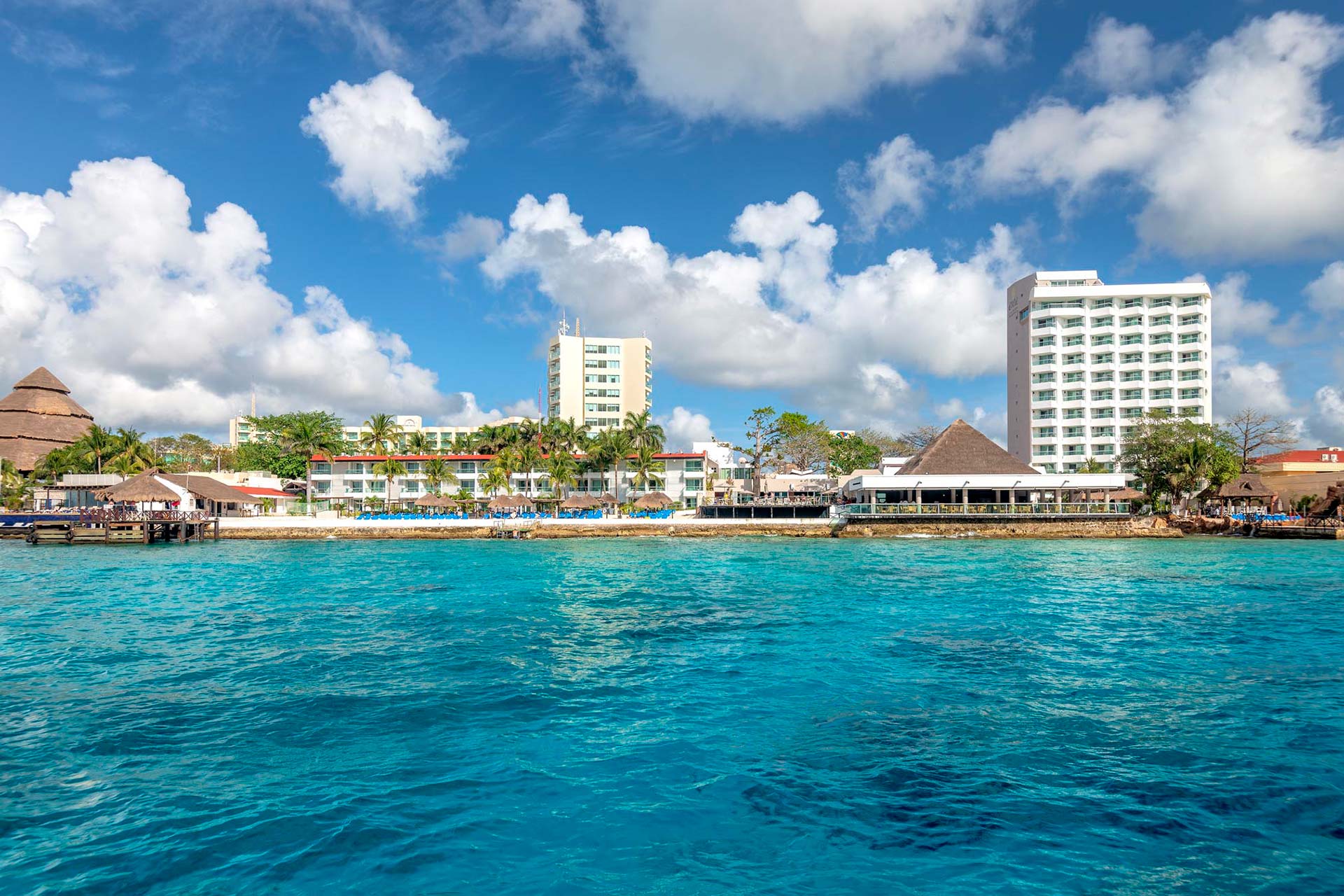 Ocean and resort buildings in background